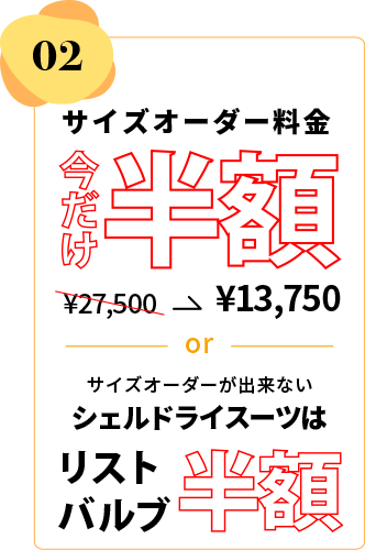 サイズオーダー料金今だけ半額 シェルドライスーツはリストバルブ半額